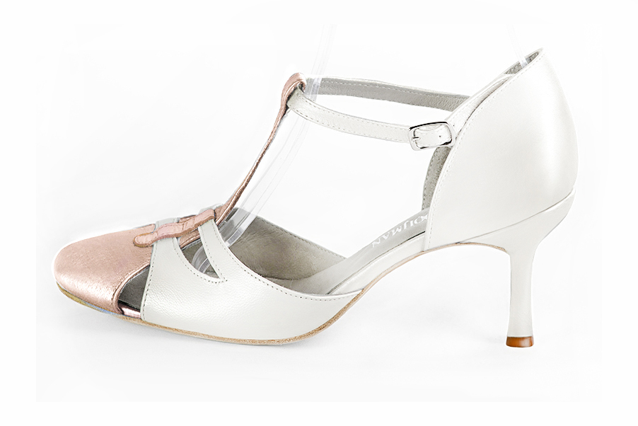 Powder pink and pure white women's T-strap open side shoes. Round toe. High slim heel. Profile view - Florence KOOIJMAN